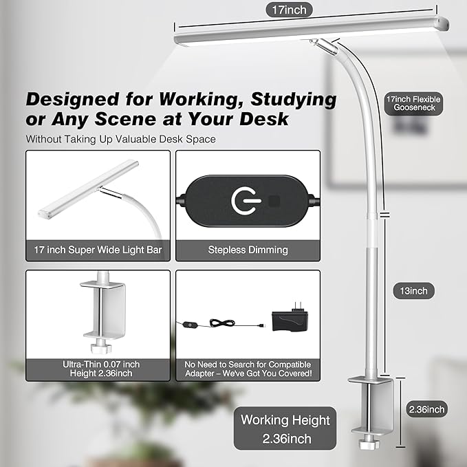 LED Desk Lamp for Office Home, Eye-Caring Desk Light with Stepless Dimming Adjustable Flexible Gooseneck, 10W USB Adapter Desk Lamp with Clamp for Reading, Study, Workbench (White)