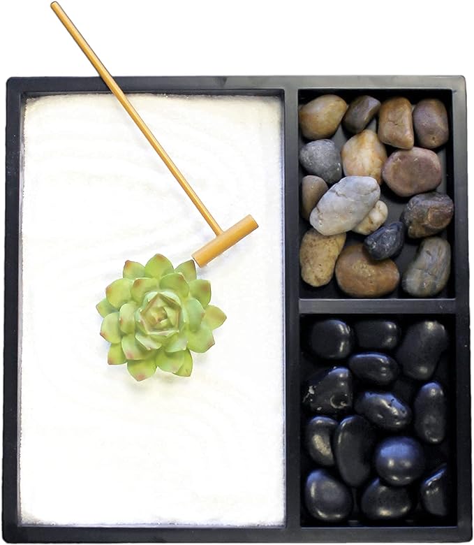 Nature's Mark Mini Zen Garden Kit for Desk with Rake, White Sand, Lotus Figure, 3 Sections Black Square Base, River Rocks and Black Rocks (9Lx9W C)