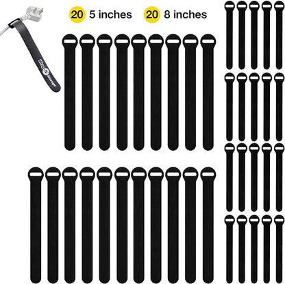 Self-Gripping Cable Ties by Wrap-It Storage, Black, 40 Pack (5 Inch and 8 Inch Straps) – Reusable Hook and Loop Cord Organizer Cable Ties for Cord Management and Desk or Office Organization