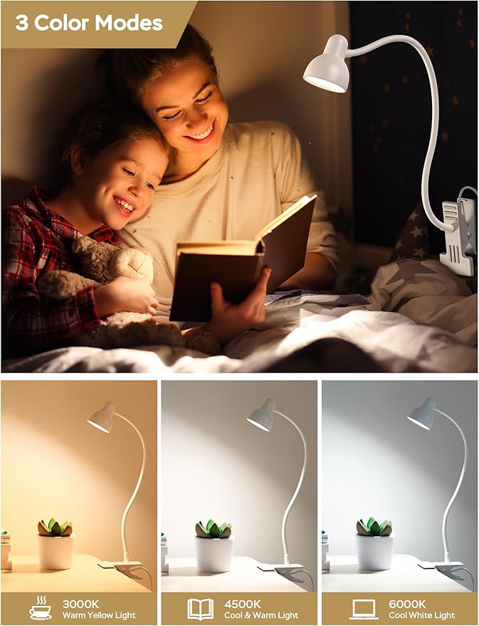 Clip on Lamp USB Reading Light, 3 Color Modes, 10 Brightness Dimmable, Flexible Gooseneck Desk Lamp with Clamp, Eye Care Clip on Light for Bed Desk Headboard Home Dorm White