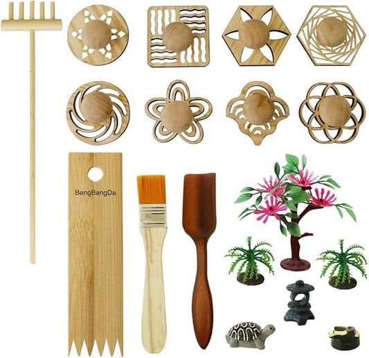 BangBangDa Zen Garden Stamps Rake Gifts - Patterns Sand Play Therapy Kit Meditation Tool Accessories Supplier Mini Office Tabletop Miniature Sandbox Father Mother Mon Dad Man Women Zen Gifts