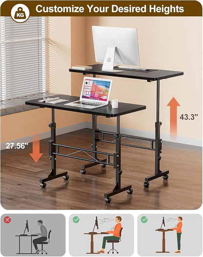 Small Standing Desk Adjustable Height, Mobile Stand Up Desk with Wheels, 32 Inch Portable Rolling Desk Small Computer Desk, Portable Laptop Desk Standing Table Sit Stand deep Black