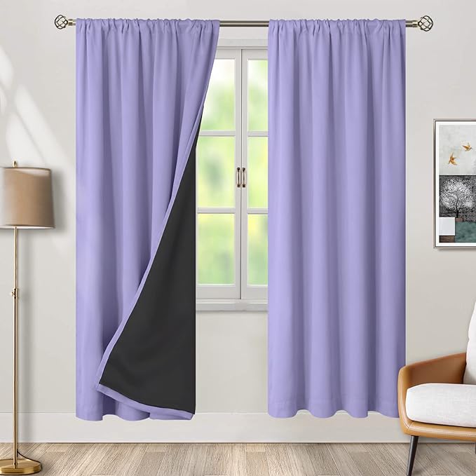 BGment Purple 100% Blackout Curtains for Bedroom 84 Inches Long with Black Liner, Thermal Insulated Double Layer Full Room Darkening Rod Pocket Curtain (42 x 84 Inch, Light Purple, 2 Panels)