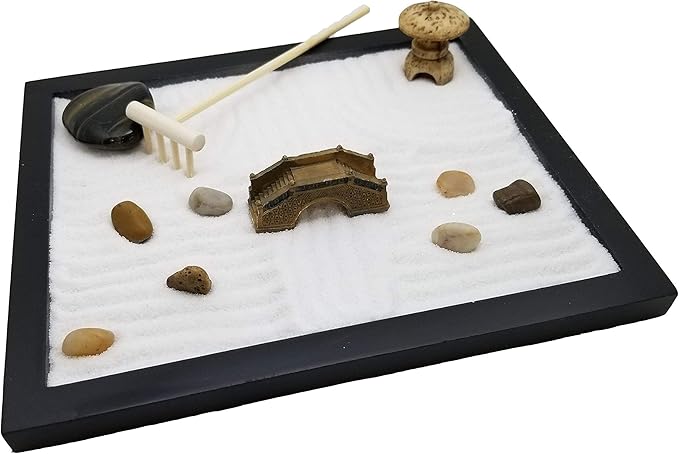 Zen Sand Garden for Desk with Rake, Rocks and Figures (Medium)