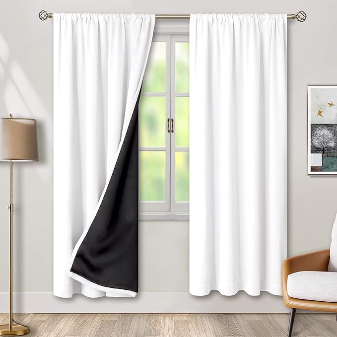 BGment Thermal Insulated 100% Blackout Curtains for Bedroom with Black Liner, Double Layer Full Room Darkening Noise Reducing Rod Pocket Curtain (52 x 84 Inch, Pure White, 2 Panels)