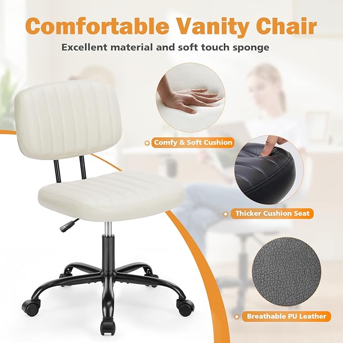 Sweetcrispy Small Office Computer Desk Chair with Wheels and Lumbar Support, Comfy Cute Armlees PU Leather Vanity Rolling Swuvel Task Chair No Arm for Adult, Student