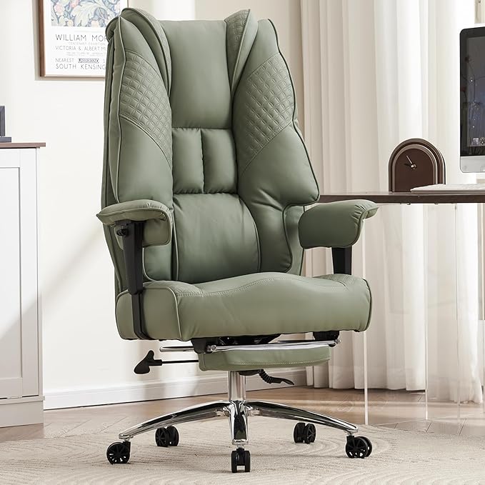 Big and Tall Office Chair 400lbs Wide Seat, Leather High Back Executive Office Chair with Foot Rest, Ergonomic Office Chair Lumbar Support for Lower Back Pain Relief (Light Green)