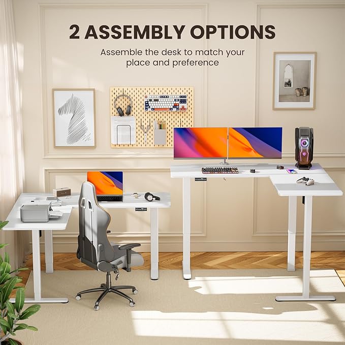 ErGear 63" x 55" Dual Motor L Shaped Standing Desk, Electric Height Adjustable, Extra Large Desktop, Interchangeable Installation of Left and Right Desktops, Suitable for Home Office, White