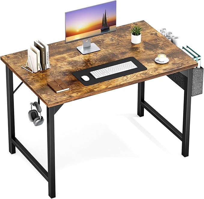 OLIXIS Small Computer Desk 40 Inch Office Work Study Writing Student Kids Home Bedroom Wood Modern Simple Table with Headphone Hooks & Storage Bag - Brown