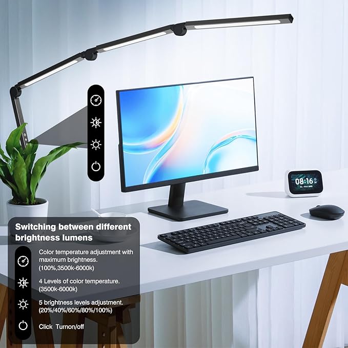 LED Desk Lamp with Clamp,Adjustable Swing Arm Desk Lamps for Home Office,Dimmable Tempering Eye Care Desk Light.Bright Modern Led Table Lamp for Nail Tech Architect.FlexibleTall Task Table Light