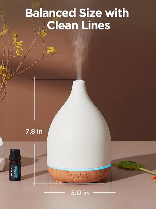 InnoGear Oil Diffuser, 300ML Ceramic Diffuser for Essential Oils Handcrafted Aromatherapy Diffuser Ultrasonic Cool Mist Humidifier with 4 Timers Waterless Auto Off for Room Office, White