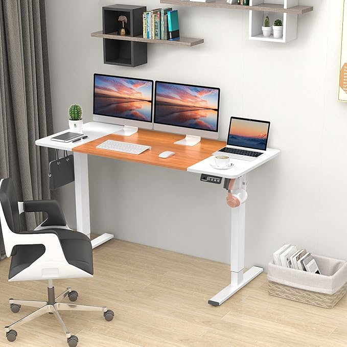 Electric Standing Desk, 55" x 23.6" Height Adjustable Sit Stand Desk with Splice Board for Home Office, Computer Desk Memory Preset (White Frame, White & Cherry Desktop)