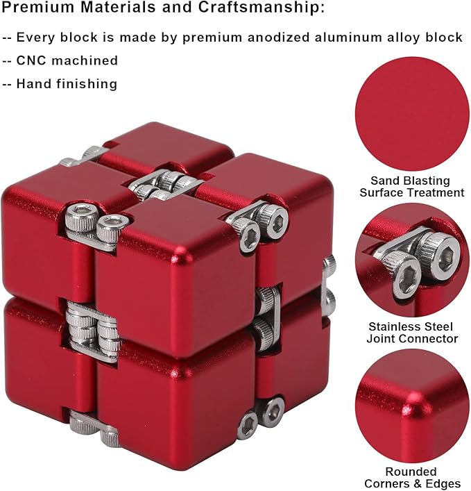 Aluminum Alloy Metal Infinity Cube Fidget Cube (6 Colors) Handheld Fidget Toy Desk Toy with Cool Case Infinity Magic Cube Relieve Stress Anxiety ADHD OCD for Kids and Adults (Red)