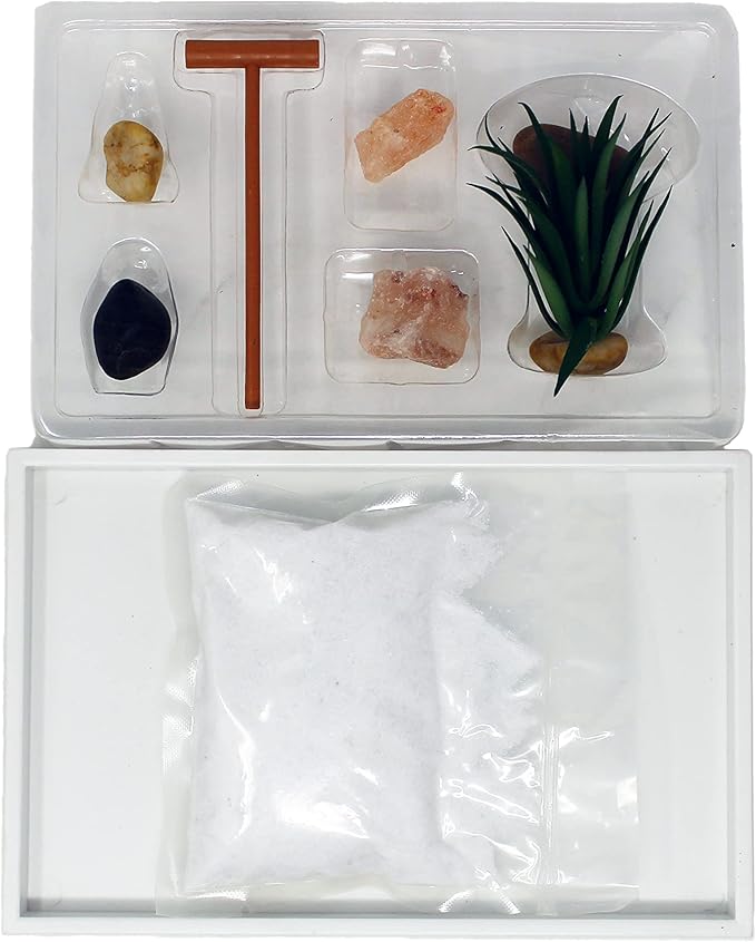 Nature's Mark Mini Zen Garden Kit for Desk with White Sand, Rake, White Base, Salt Rock and Air Plant (Rectangle)