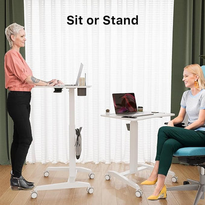 Mobile Standing Desk, Height Adjustable Rolling Laptop Desk, 27 inches Portable Sit Stand Desk with Wheels and Hook, Pneumatic Computer Table, White