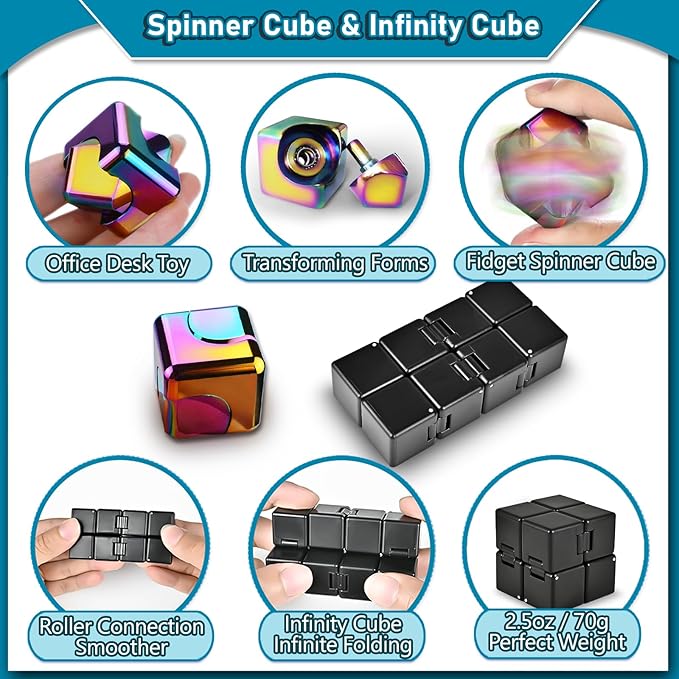 5 Pcs Fidget Toys Adults Set, EDC Cool Desk Gadgets Office Spinner Toys for Teen Kid with Metal Fidgets Infinity Cube Figits Ring Bike Chain ADHD Stress Anxiety Relief Gift for Boys Girls