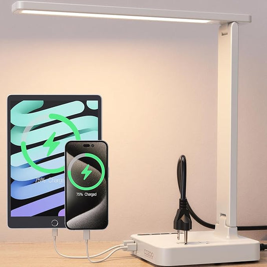 cozoo LED Desk Lamp with USB Charging Ports and Type C Port,2 AC Outlets,9 Lighting Modes,Touch/Memory/Timer Function,10W Eye Protection Foldable Reading Light,Study Lamp,Dorm Essentials Desk Light