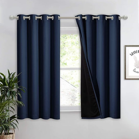 NICETOWN 100% Blackout Curtain with Black Liner, Thermal Insulated 2-Layer Lined Drape, Energy Efficiency Small Window Drapery for Dining Room (Navy, 1 Panel, 52 inches W by 54 inches L)