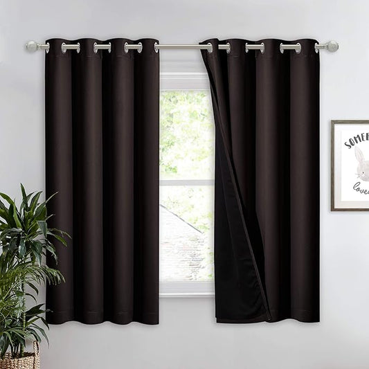 NICETOWN Complete 100% Blackout Curtain, Thermal Insulated & Energy Efficiency Window Drapery with Black Liner, Noise Reducing Short Curtain for Kids Room (Brown, 52-inch W by 63-inch L, 1 Panel)