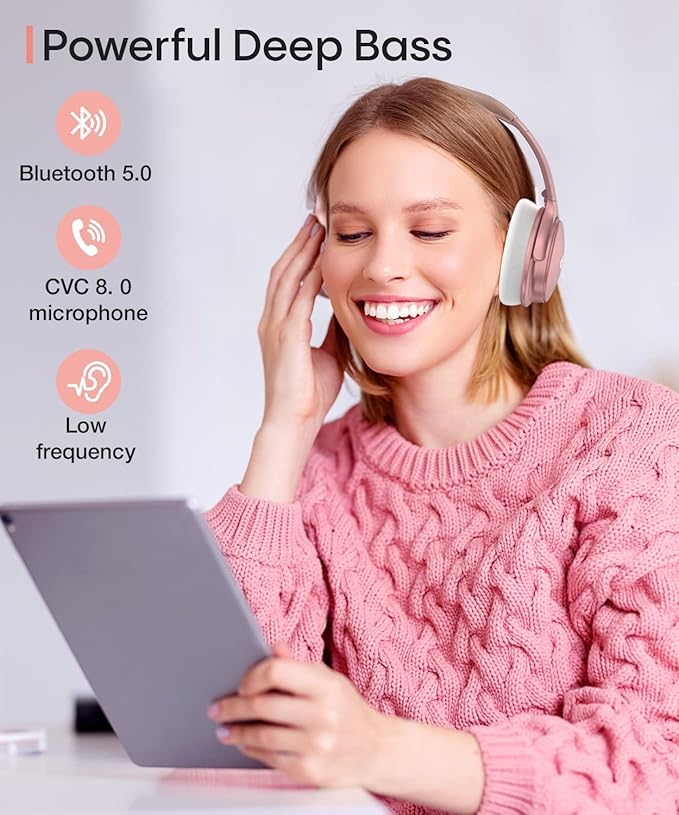 INFURTURE Rose Gold Active Noise Cancelling Headphones with Microphone Wireless Over Ear Bluetooth, Deep Bass, Memory Foam Ear Cups, Quick Charge 40H Playtime, for TV, Travel, Home Office