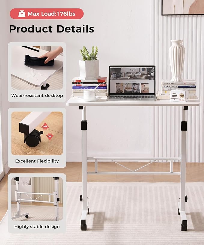 KLSMYHOKI Small Standing Desk Adjustable Height, Mobile Sit Stand up Desk Portable Rolling Desk with Wheels Standing Desk for Walking pad Treadmill White