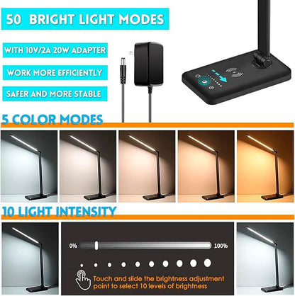 LED Desk Lamp with Wireless Charger, USB Charging Port, 10 Brightness, 5 Color Modes, Desk Lamps for Home Office, Dimmable Table Lamp Eye Caring Reading Light, Touch Control, Auto Timer, Black