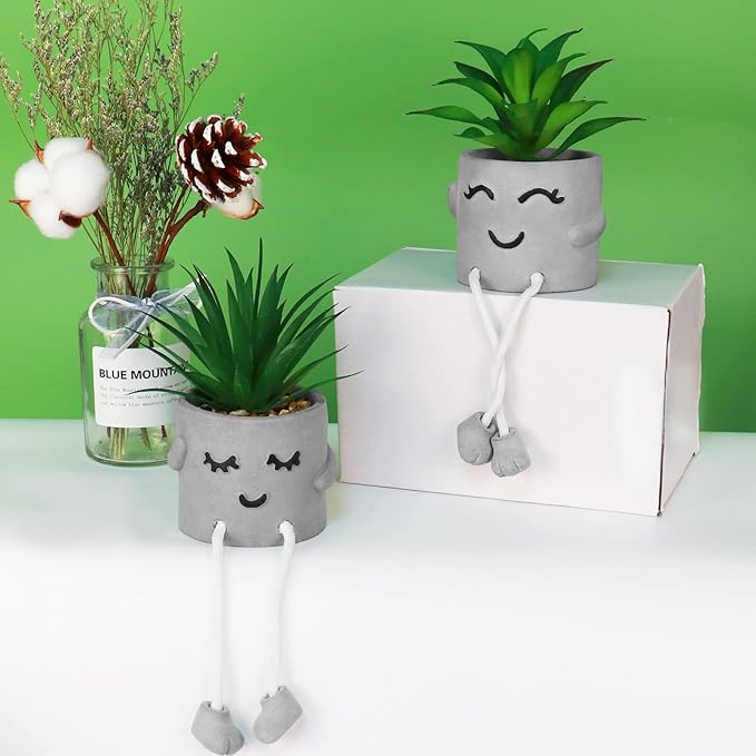 Zerzsy Faux Succulents in Cement Pots with Hanging Leg, Potted Mini Fake Plants for Desk Decor,Kitchen Shelf Decor, Office Decor for Women,Bathroom Shelf Plants Decoration- Set of 2