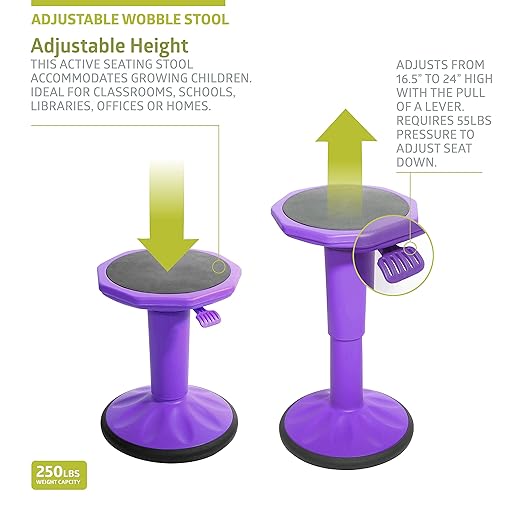 Pearington SitFree Height Adjustable Wobble Stool, Active Flexible Seating Chair for Kids and Adults - School and Office, Purple