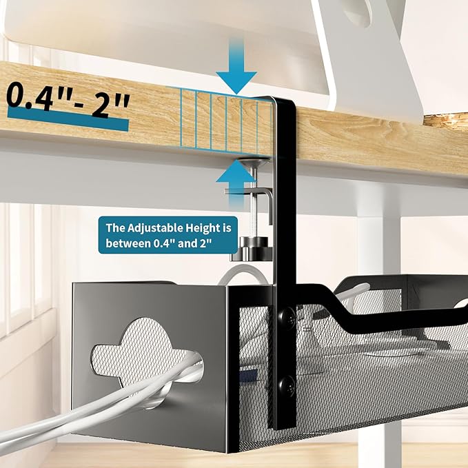 Under Desk Cable Management Tray Black, Litwaro Cable Management Under Desk No Drill, Desk Cable Organizer with Clamp for Desk Cord Organizer, Desk Wire Management No Damage to Desk for Office, Home