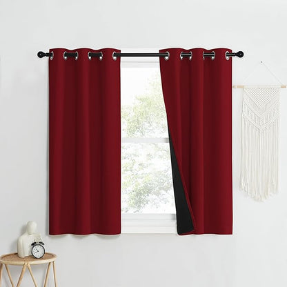 NICETOWN 100% Blackout Curtains with Black Liner Backing, Thermal Insulated Curtains for Living Room, Noise Reducing Drapes for Christmas, Burgundy Red, 37" x 40" Per Panel, Set of 2