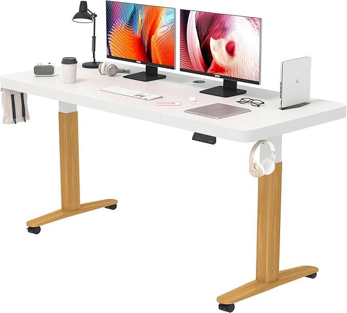 Monomi Electric Standing Desk, 55 x 24 inches Height Adjustable Desk, Ergonomic Home Office Sit Stand Up Desk with Memory Preset Controller (White Top/Wood Grain Frame)