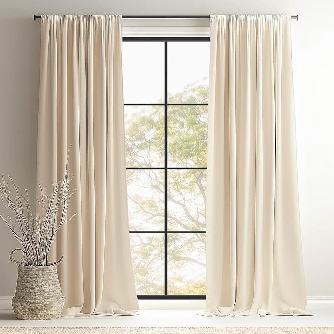 Topfinel Extra Long Cream Velvet Blackout Curtains 108 Inches Long for Living Room Large Window, Rod Pocket Cold Blocking Noise Cancelling Heavy Tall Floor Length Boho Track Curtains 2 Panels 9 FT