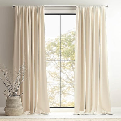 Topfinel Cream Beige 96 Inches Long Velvet Room Darkening Curtains, Black Out Camel Beige Boho Thermal Insulated Light Blocking Privacy Window Curtains for Living Room, 2 Panels with Hooks for Track