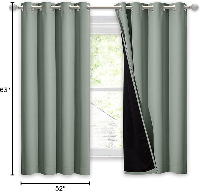 NICETOWN Greyish Green 100% Blackout Lined Curtain, 2 Thick Layers Completely Blackout Window Treatment Thermal Insulated Drape for Kitchen/Bedroom (1 PC, 52" Width x 63" Length Each Panel)