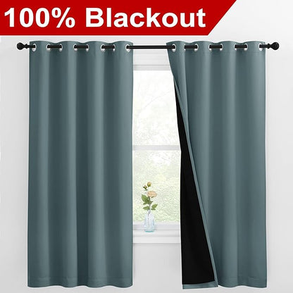 NICETOWN 100% Blackout Curtains with Black Liners, Thermal Insulated Full Blackout 2-Layer Lined Drapes, Energy Efficiency Window Draperies for Bedroom (Greyish Blue, 2 Panels, 55-inch W by 68-inch L)