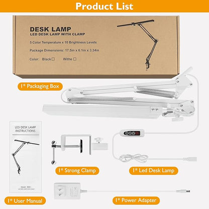 LED Desk Lamp with Clamp, Super Bright Double Head Desk Lamps for Home Office, 5 Color Modes, 10%~100% Dimmable Brightness, Architect Task Desk Light, Modern Swing Arm Workbench Desk Lighting