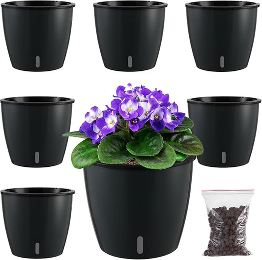 6 Pack-6.7 Inch Black Self Watering Plant Pots for Indoor Plants with Water Indicator and Black Wick Pots, Large African Violet Pots, Self-Watering Planters for Devil's Ivy, Orchid Pots for Home