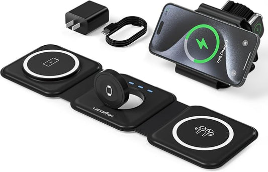 UCOMX 3 in 1 Charging Station for Multple Devices,Foldable 3 in 1 Wireless Charger for Travel,Nano Wireless Charging Station for iPhone16 15 14 13 12 Pro Max/Watch 10 9 8 7 6 5 4 3 Ultra/AirPod Pro