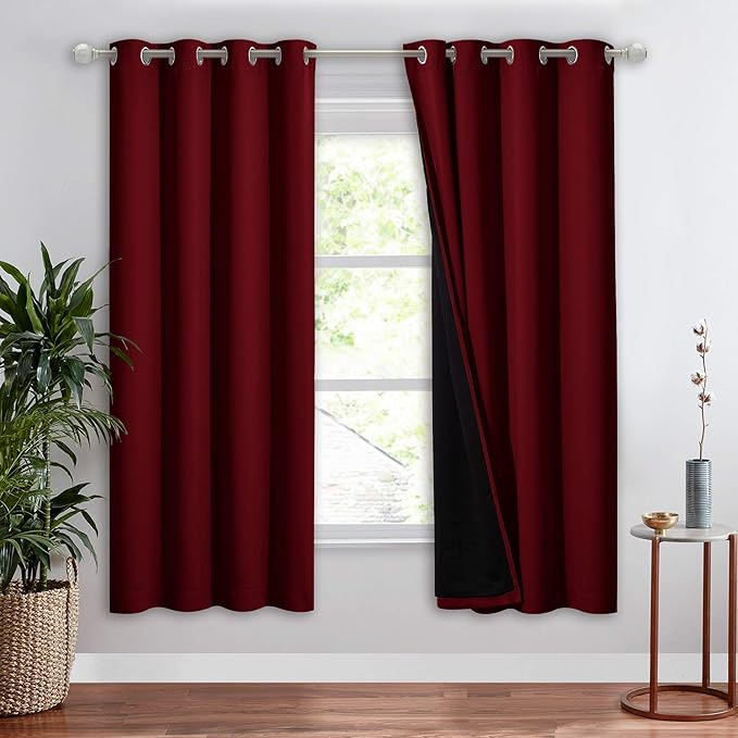 NICETOWN Living Room Completely Shaded Drapery, Privacy Protection & Noise Reducing Ring Top Drape, Black Lined Insulated Window Treatment Curtain Panel (Burgundy Red, 1 Piece, W52 x L72)