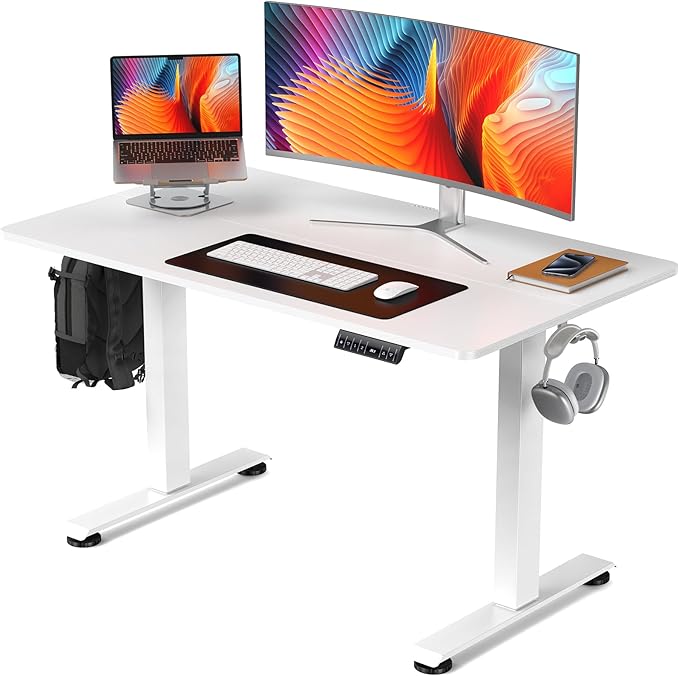 Veken 47.2 Inch Electric Standing Desk, Height Adjustable Sit Stand Up, Wood Desktop, Work Home Office Computer PC Desks, Gaming Writing Study Bedroom Rising Table, Tall Standup Workstation, White