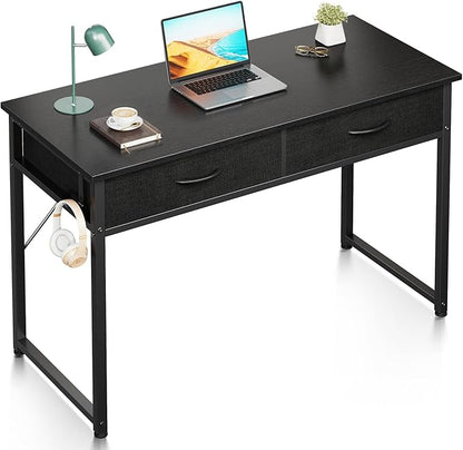 ODK 40 Inch Small Desk with Fabric Drawers- for Bedroom, Black Study Desk with Storage, Home Office Computer Desk for Small Spaces, Modern Work Writing Kids Table, Black