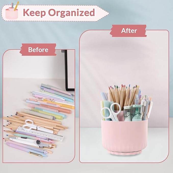 SKYDUE Makeup Organizer, Rotating Pencil Pen Holder for Desk, Dual-Purpose Desk Organizer for Cosmetics & Pens, Makeup Brush Holder with 5 Slots, Pencil Cup for Office, Home