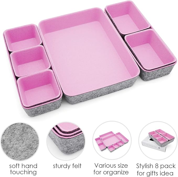 Welaxy desk drawer organizers tray dividers small shallow felt storage box sturdy soft bin for office suppliers entryway catchall key holder makeup crafts pens decluttering 8-piece (Light pink)