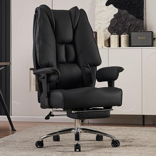 Big and Tall Office Chair 400lbs Wide Seat, Leather High Back Executive Office Chair with Foot Rest, Ergonomic Office Chair Lumbar Support for Lower Back Pain Relief (Black)