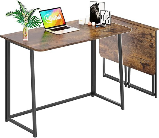 4NM 39.4" Small Folding Desk, Simple Assembly Computer Desk Home Office Desk Study Writing Table for Small Space Offices - Rustic Brown and Black