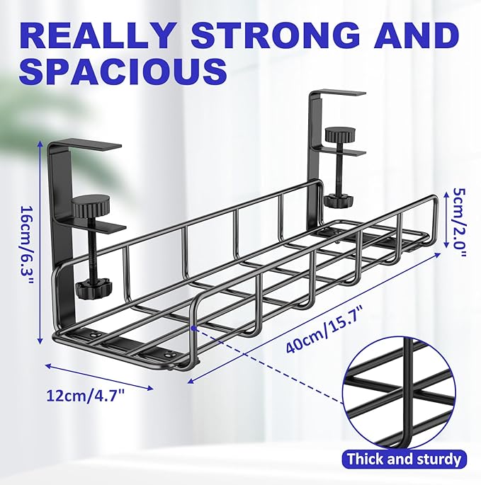 Under Desk Cable Management Tray, 15.7'' No Drill Steel Desk Cable Organizers, Wire Management Tray Cable Management Rack, Desk Cable Tray with Wire Organizer and Desk Cord Organizer