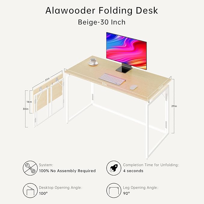 Folding Desk 30 Inch - Small Foldable Desk for Small Space Minimalist, Space Saving Collapsible Compact Desk Portable Table for Craft, Writing, Study and Work (No Assembly Required)