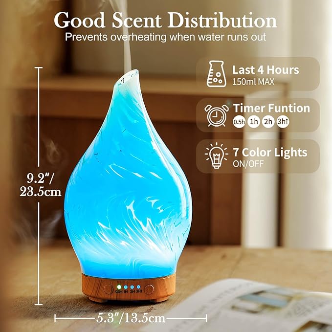 Porseme 100ml Essential Oil Diffuser Glass Color Changing Aroma Air Diffusers Aromatherapy Ultrasonic Cool Mist Humidifier 4 Running Hours Waterless Auto-Off for Sleeping Yoga Office Spa (Blue Wave)