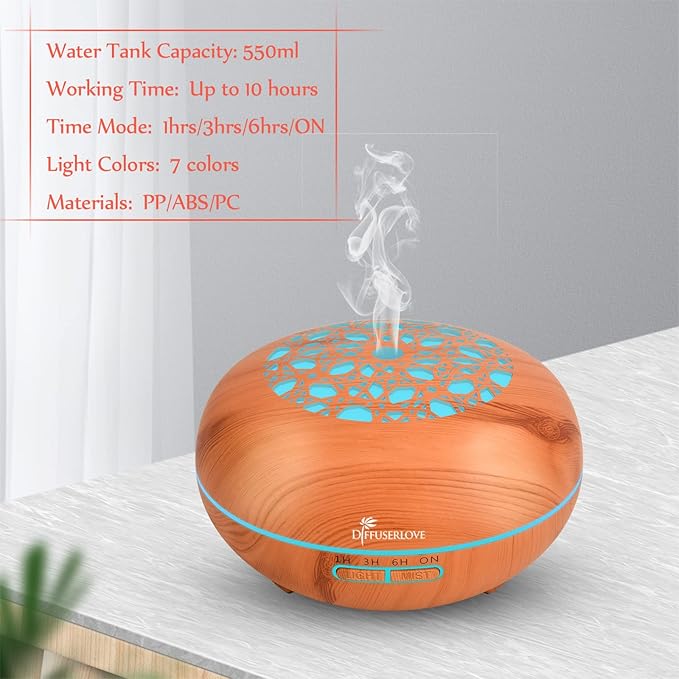 Diffuserlove Essential Oil Diffuser 550ML Diffuser Remote Control Wood Grain Aroma Diffuser Cool Mist Humidifier with 4 Timer, 7 Color LED Lights, Auto Shut-Off for Home Bedroom Office