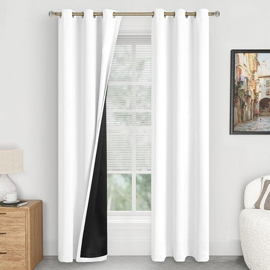 White Blackout Curtains 84 Inch Length 2 Panels Set for Living Room, Thermal Insulated 100% Light Blocking Soundproof Grommet Floor Length Double Layers Window Curtains, Each 38 Inch Wide